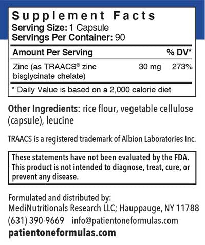Patient One Zinc Glycinate | 30 mg, 90 vegetable capsules